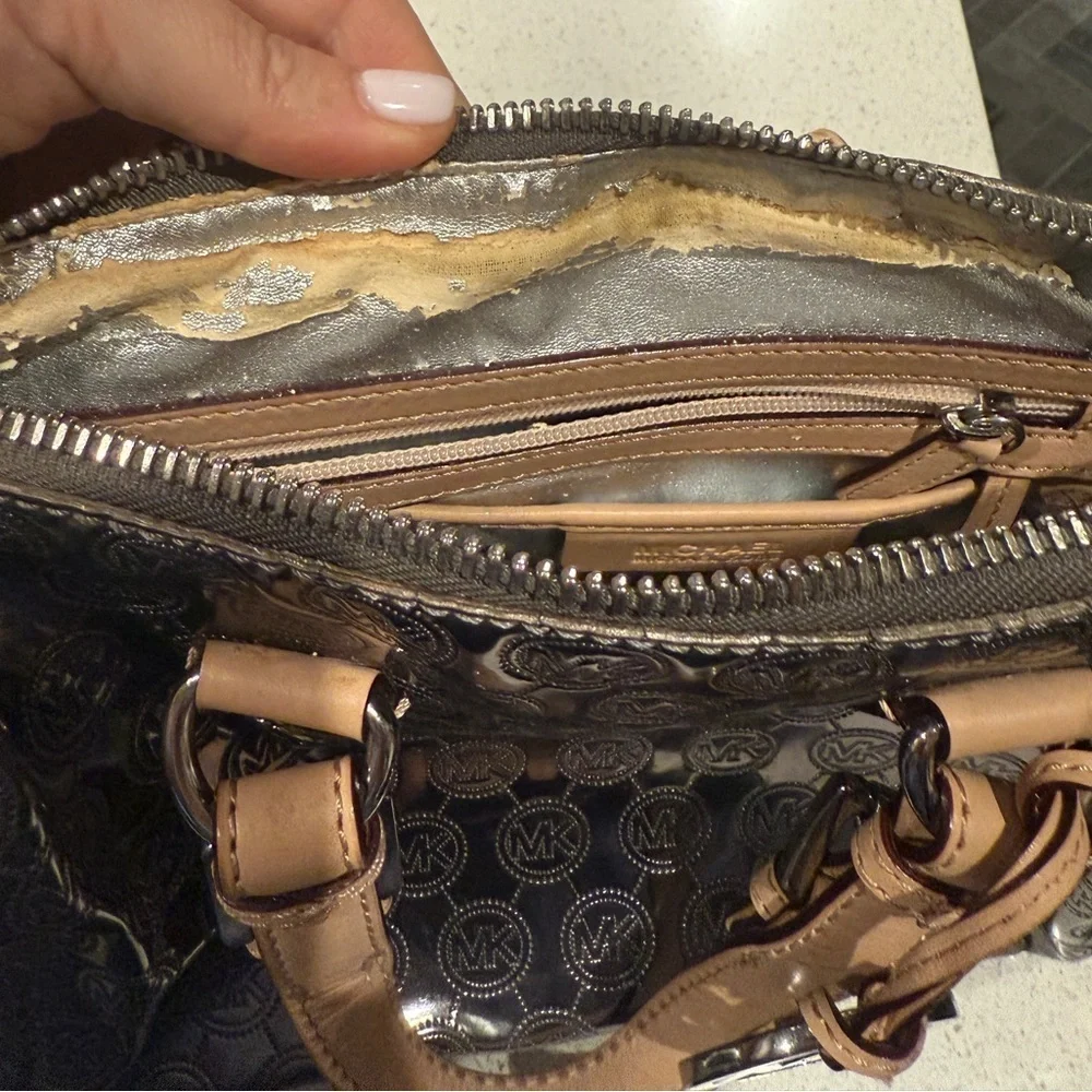 Michael Kors Shiny Silver and Tan Satchel